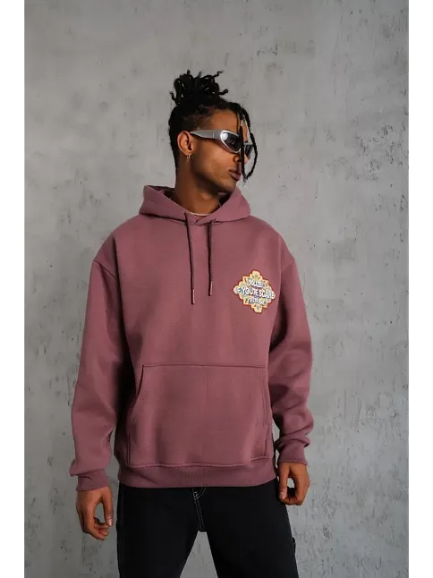 Erkek 3 İplik Pamuklu Kapüşonlu Baskılı Cepli Sweatshirt Hoodie - Gül Kurusu