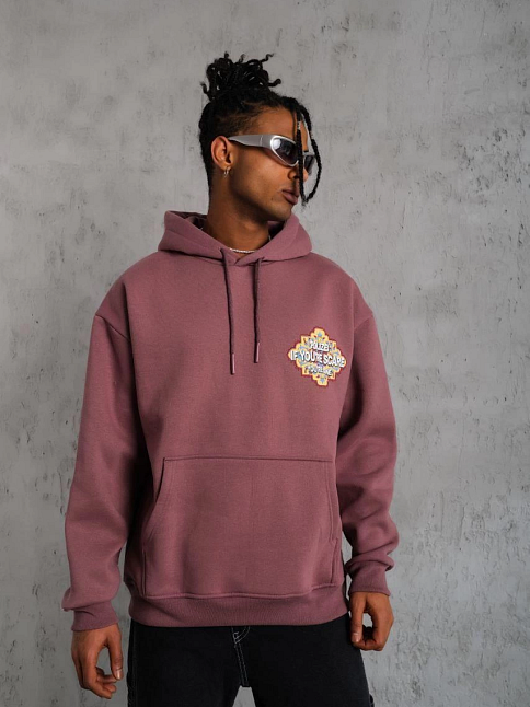 Erkek 3 İplik Pamuklu Kapüşonlu Baskılı Cepli Sweatshirt Hoodie - Gül Kurusu