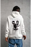 Erkek 3 İplik Pamuklu Kapüşonlu Baskılı Cepli Oversize Sweatshirt Hoodie - Beyaz