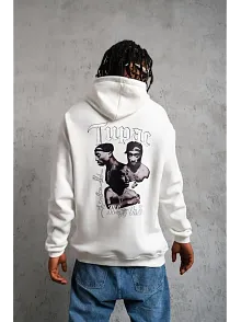 Erkek 3 İplik Pamuklu Kapüşonlu Baskılı Cepli Oversize Sweatshirt Hoodie - Beyaz