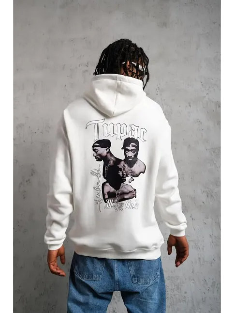 Erkek 3 İplik Pamuklu Kapüşonlu Baskılı Cepli Oversize Sweatshirt Hoodie - Beyaz