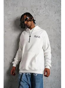 Erkek 3 İplik Pamuklu Kapüşonlu Baskılı Cepli Oversize Sweatshirt Hoodie - Beyaz