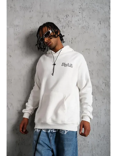 Erkek 3 İplik Pamuklu Kapüşonlu Baskılı Cepli Oversize Sweatshirt Hoodie - Beyaz