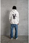 Erkek 3 İplik Pamuklu Kapüşonlu Baskılı Cepli Oversize Sweatshirt Hoodie - Beyaz