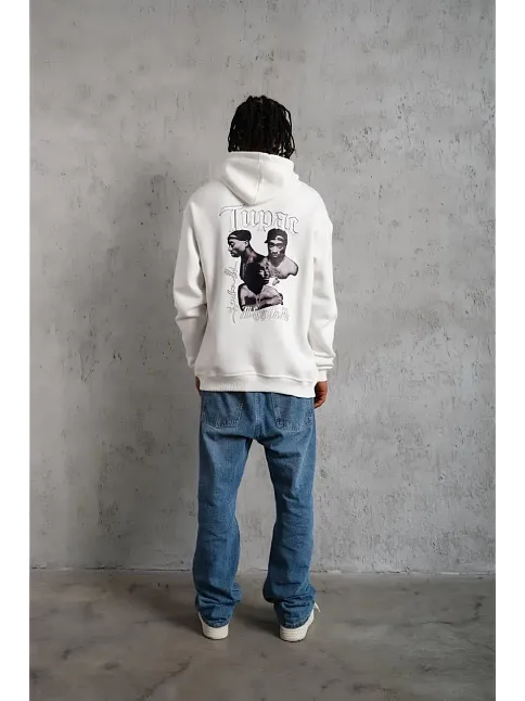 Erkek 3 İplik Pamuklu Kapüşonlu Baskılı Cepli Oversize Sweatshirt Hoodie - Beyaz