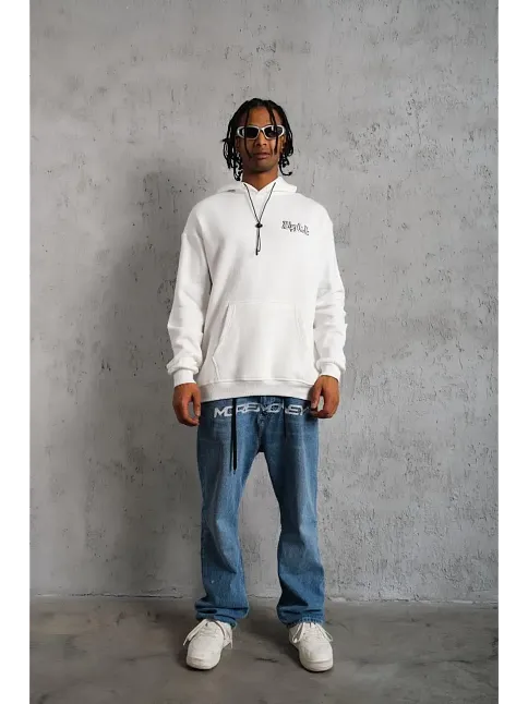 Erkek 3 İplik Pamuklu Kapüşonlu Baskılı Cepli Oversize Sweatshirt Hoodie - Beyaz