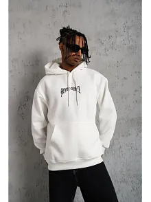 Erkek 3 İplik Pamuklu Baskılı Kapüşonlu Cepli Sweatshirt Hoodie - Beyaz