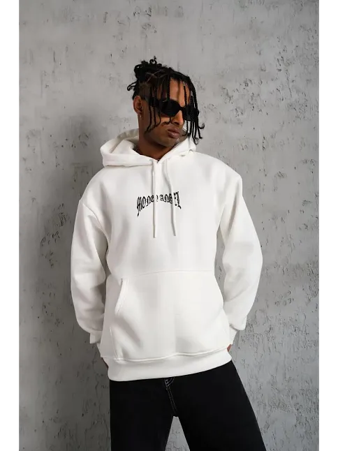 Erkek 3 İplik Pamuklu Baskılı Kapüşonlu Cepli Sweatshirt Hoodie - Beyaz