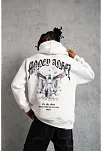 Erkek 3 İplik Pamuklu Baskılı Kapüşonlu Cepli Sweatshirt Hoodie - Beyaz