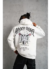 Erkek 3 İplik Pamuklu Baskılı Kapüşonlu Cepli Sweatshirt Hoodie - Beyaz