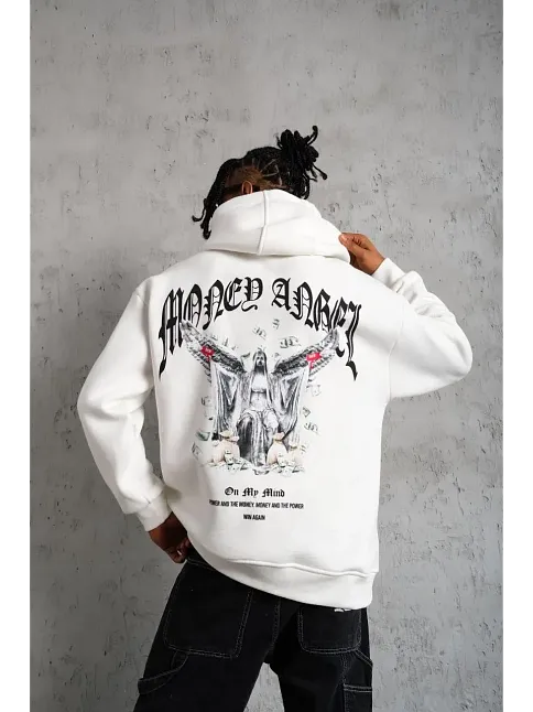 Erkek 3 İplik Pamuklu Baskılı Kapüşonlu Cepli Sweatshirt Hoodie - Beyaz