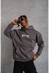 Erkek 3 İplik Pamuklu Baskılı Kapüşonlu Cepli Sweatshirt Hoodie - Füme