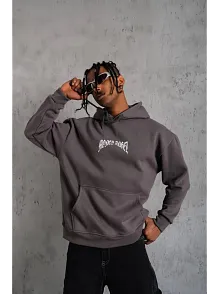 Erkek 3 İplik Pamuklu Baskılı Kapüşonlu Cepli Sweatshirt Hoodie - Füme