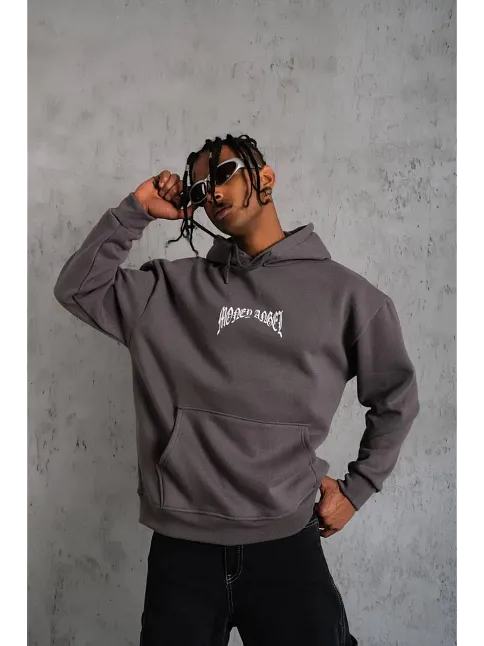 Erkek 3 İplik Pamuklu Baskılı Kapüşonlu Cepli Sweatshirt Hoodie - Füme