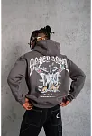 Erkek 3 İplik Pamuklu Baskılı Kapüşonlu Cepli Sweatshirt Hoodie - Füme