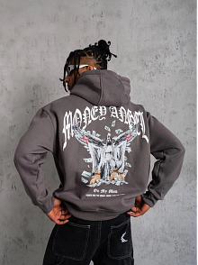 Erkek 3 İplik Pamuklu Baskılı Kapüşonlu Cepli Sweatshirt Hoodie - Füme