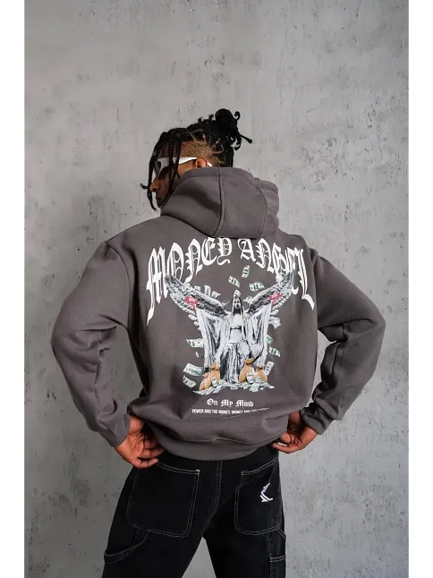 Erkek 3 İplik Pamuklu Baskılı Kapüşonlu Cepli Sweatshirt Hoodie - Füme