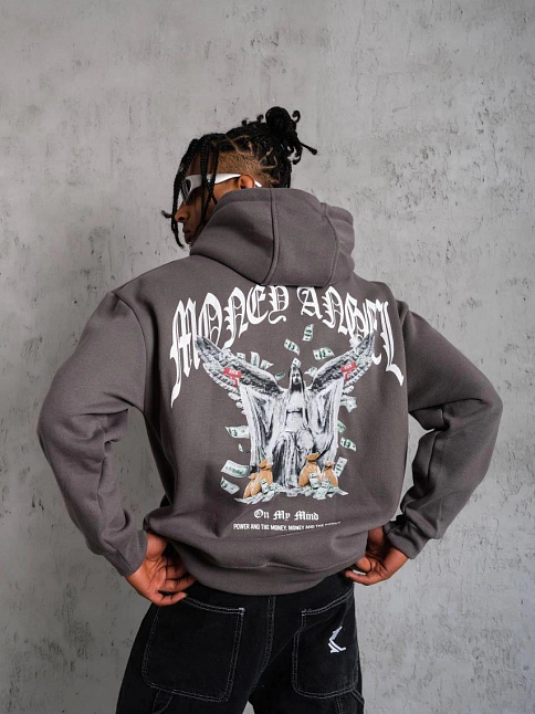 Erkek 3 İplik Pamuklu Baskılı Kapüşonlu Cepli Sweatshirt Hoodie - Füme
