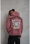 Erkek 3 İplik Pamuklu Baskılı Kapüşonlu Cepli Sweatshirt Hoodie - Gül Kurusu