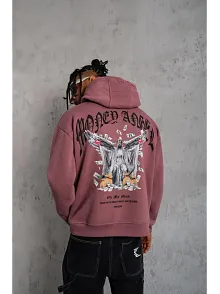 Erkek 3 İplik Pamuklu Baskılı Kapüşonlu Cepli Sweatshirt Hoodie - Gül Kurusu