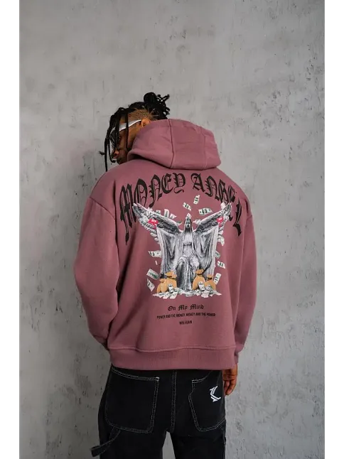 Erkek 3 İplik Pamuklu Baskılı Kapüşonlu Cepli Sweatshirt Hoodie - Gül Kurusu