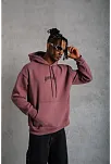 Erkek 3 İplik Pamuklu Baskılı Kapüşonlu Cepli Sweatshirt Hoodie - Gül Kurusu