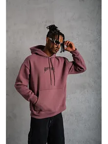 Erkek 3 İplik Pamuklu Baskılı Kapüşonlu Cepli Sweatshirt Hoodie - Gül Kurusu