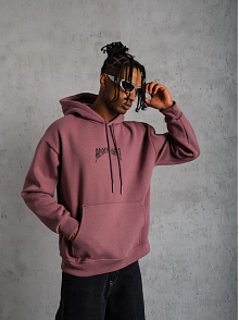 Erkek 3 İplik Pamuklu Baskılı Kapüşonlu Cepli Sweatshirt Hoodie - Gül Kurusu