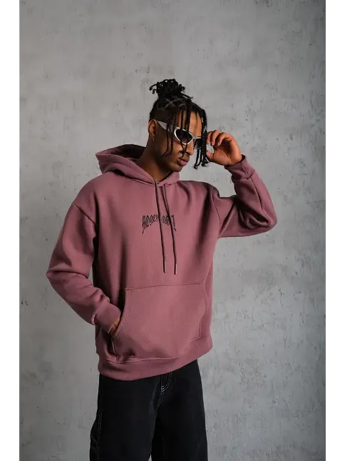 Erkek 3 İplik Pamuklu Baskılı Kapüşonlu Cepli Sweatshirt Hoodie - Gül Kurusu