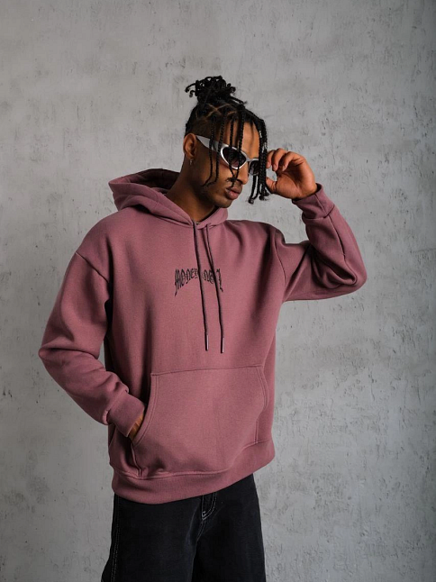 Erkek 3 İplik Pamuklu Baskılı Kapüşonlu Cepli Sweatshirt Hoodie - Gül Kurusu