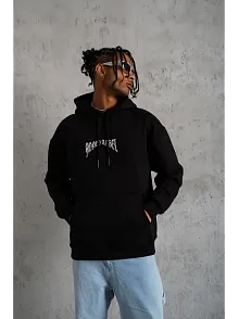 Erkek 3 İplik Pamuklu Baskılı Kapüşonlu Cepli Sweatshirt Hoodie - Siyah