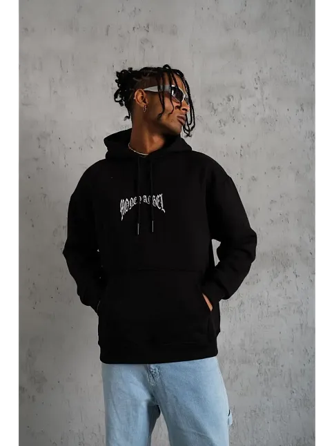 Erkek 3 İplik Pamuklu Baskılı Kapüşonlu Cepli Sweatshirt Hoodie - Siyah