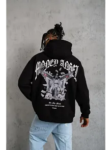 Erkek 3 İplik Pamuklu Baskılı Kapüşonlu Cepli Sweatshirt Hoodie - Siyah