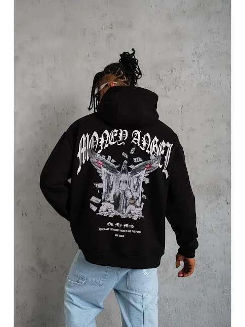 Erkek 3 İplik Pamuklu Baskılı Kapüşonlu Cepli Sweatshirt Hoodie - Siyah