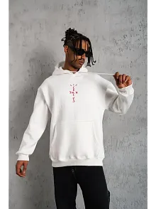Erkek Kordonlu Arka Maske Kordon Saçlı Kapüşonlu Sweatshirt Hoodie - Beyaz