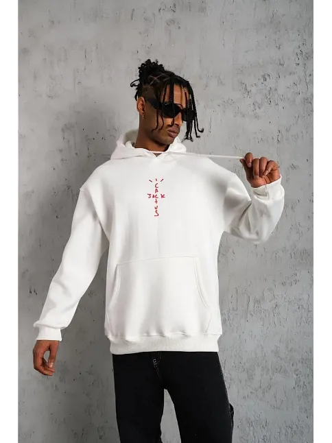 Erkek Kordonlu Arka Maske Kordon Saçlı Kapüşonlu Sweatshirt Hoodie - Beyaz