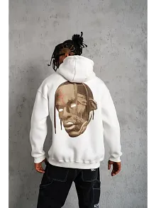 Erkek Kordonlu Arka Maske Kordon Saçlı Kapüşonlu Sweatshirt Hoodie - Beyaz