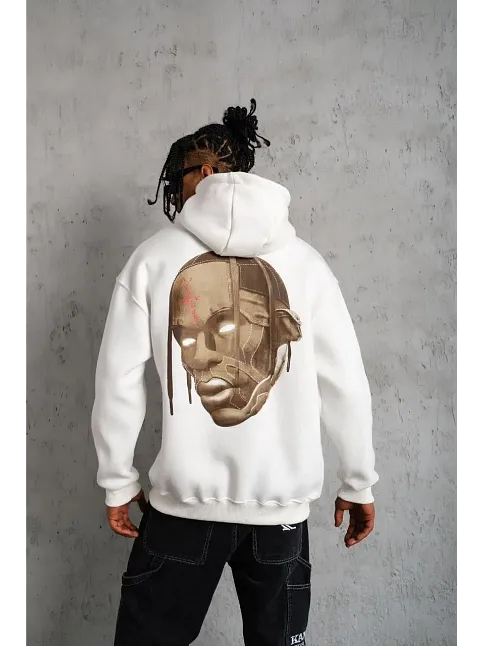 Erkek Kordonlu Arka Maske Kordon Saçlı Kapüşonlu Sweatshirt Hoodie - Beyaz