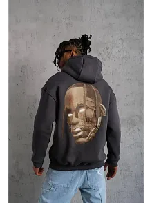 Erkek Kordonlu Arka Maske Kordon Saçlı 3 İplik Pamuklu Kapüşonlu Sweatshirt - Füme