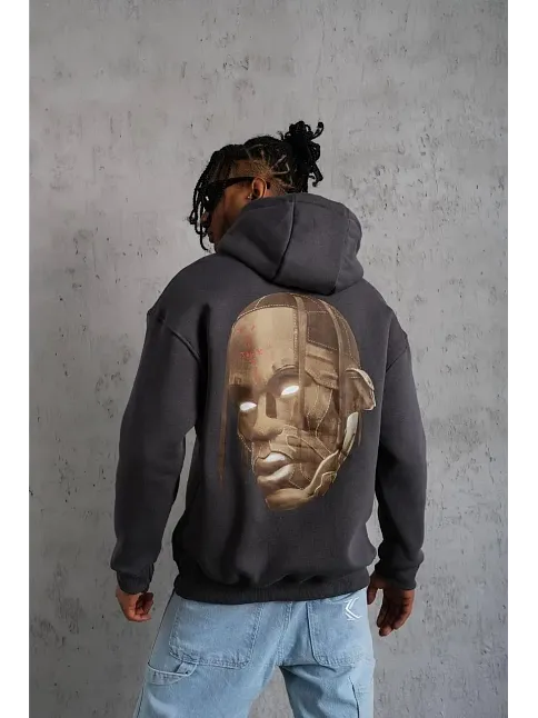 Erkek Kordonlu Arka Maske Kordon Saçlı 3 İplik Pamuklu Kapüşonlu Sweatshirt - Füme