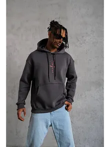 Erkek Kordonlu Arka Maske Kordon Saçlı 3 İplik Pamuklu Kapüşonlu Sweatshirt - Füme