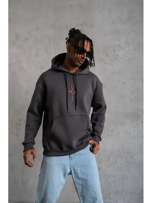 Erkek Kordonlu Arka Maske Kordon Saçlı 3 İplik Pamuklu Kapüşonlu Sweatshirt - Füme