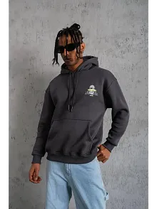 Erkek Baskılı Kapüşonlu 3 İplik Pamuklu Hoodie Sweatshirt - Gri