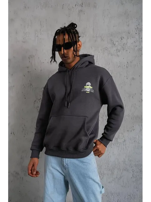 Erkek Baskılı Kapüşonlu 3 İplik Pamuklu Hoodie Sweatshirt - Gri