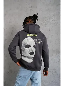 Erkek Baskılı Kapüşonlu 3 İplik Pamuklu Hoodie Sweatshirt - Gri