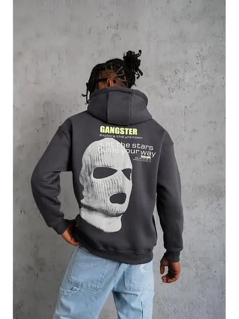 Erkek Baskılı Kapüşonlu 3 İplik Pamuklu Hoodie Sweatshirt - Gri