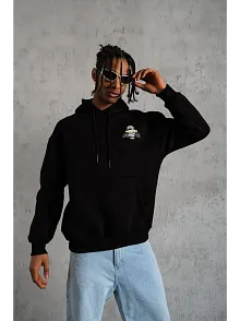 Erkek Baskılı Kapüşonlu 3 İplik Pamuklu Hoodie Sweatshirt - Siyah