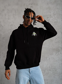 Erkek Baskılı Kapüşonlu 3 İplik Pamuklu Hoodie Sweatshirt - Siyah