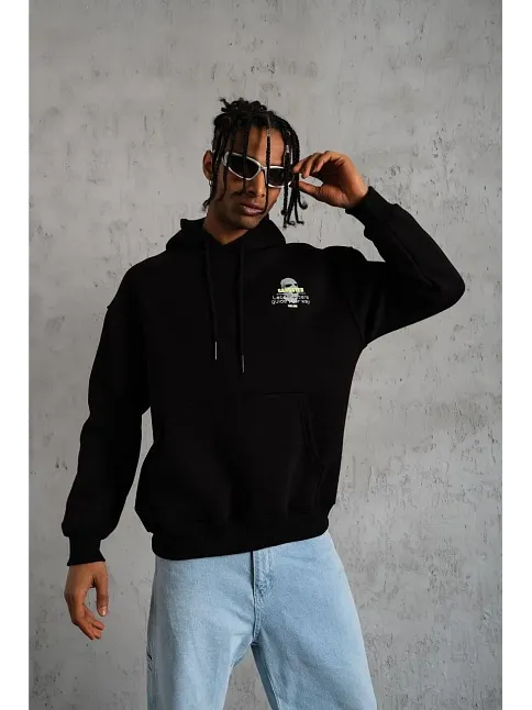 Erkek Baskılı Kapüşonlu 3 İplik Pamuklu Hoodie Sweatshirt - Siyah