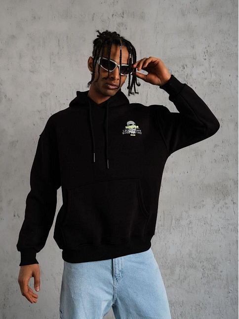 Erkek Baskılı Kapüşonlu 3 İplik Pamuklu Hoodie Sweatshirt - Siyah
